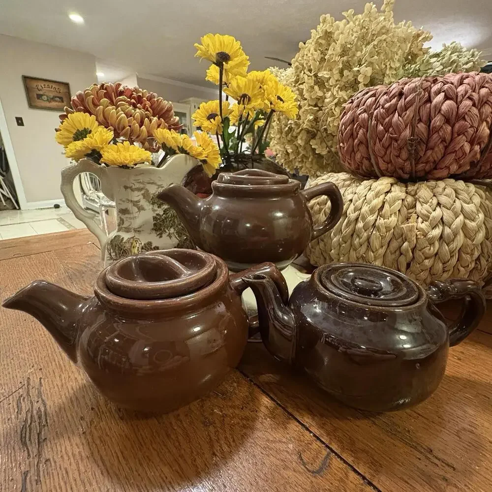 Brown Glaze Teapots Rustic‎ Vintage Unmarked Trio Mix And Match Cottage Cozy Tea